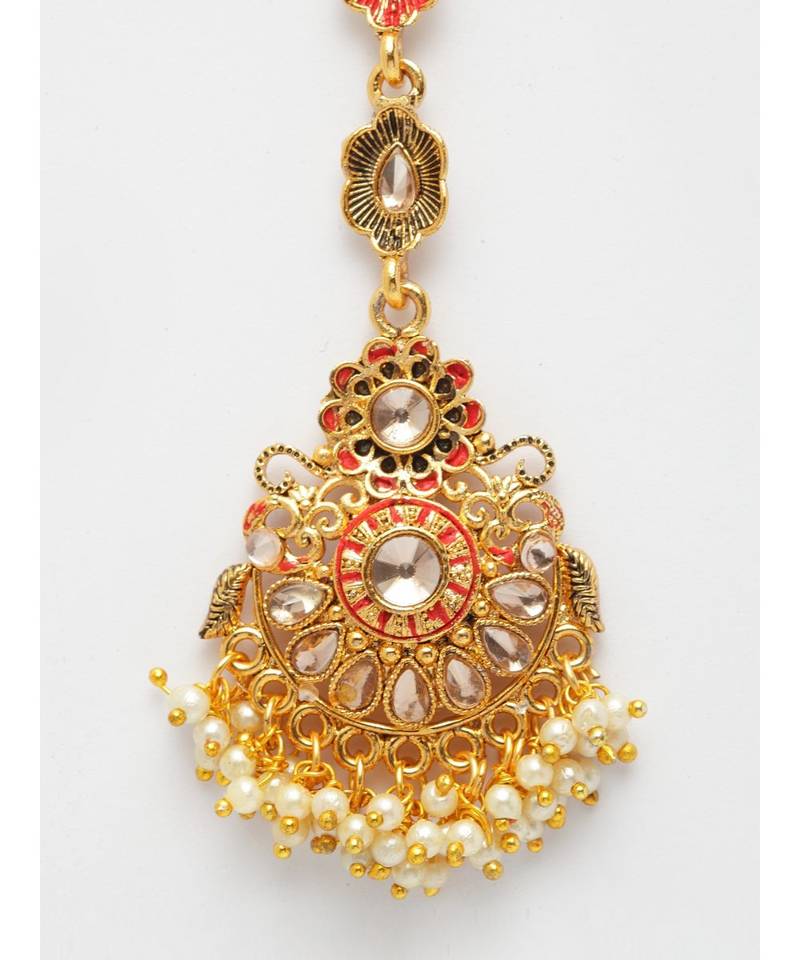 Red stone antique gold Alloy  Maang tikka
