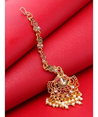 Pink stone antique gold Alloy  Maang tikka 1