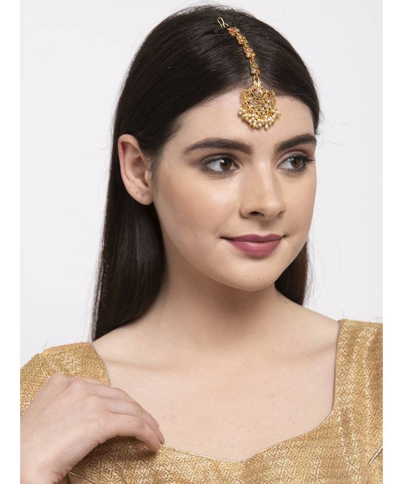 Pink stone antique gold Alloy  Maang tikka