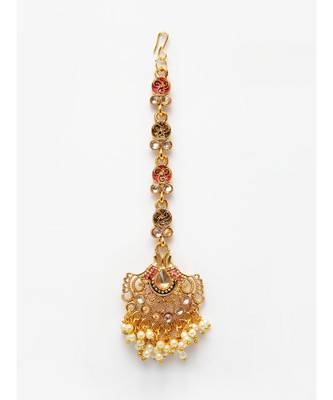Pink stone antique gold Alloy  Maang tikka 3