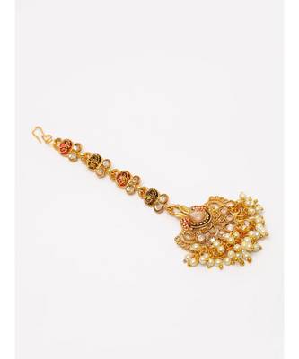 Pink stone antique gold Alloy  Maang tikka 4