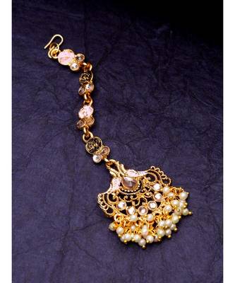 Pink stone antique gold Alloy  Maang tikka 1