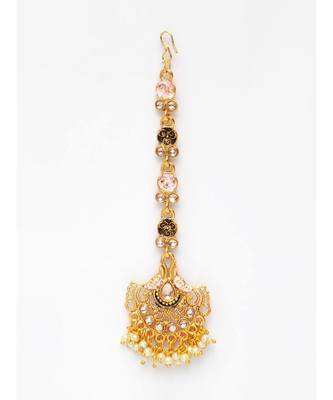 Pink stone antique gold Alloy  Maang tikka 3