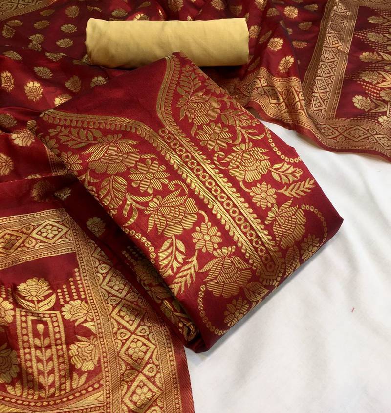 VredeVogel Red Banarasi silk Unstiched Dress Materials