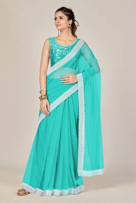 Sky blue plain net saree with blouse 1