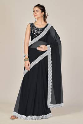 Black plain net saree with blouse 1