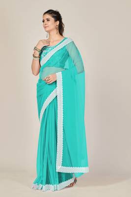 Sky blue plain net saree with blouse 2