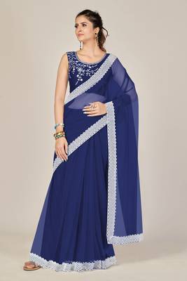 Navy blue plain net saree with blouse 1