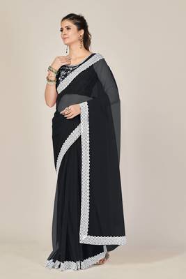 Black plain net saree with blouse 2
