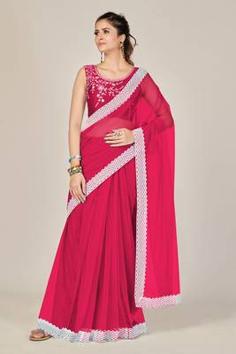 Pink plain net saree with blouse 1