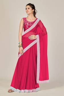 Pink plain net saree with blouse