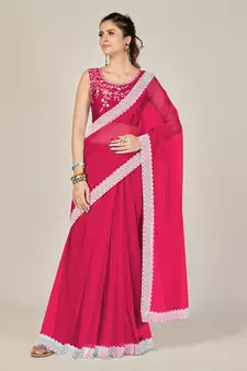 Pink plain net saree with blouse