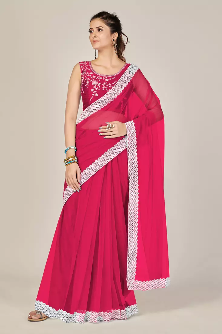 Pink plain net saree with blouse
