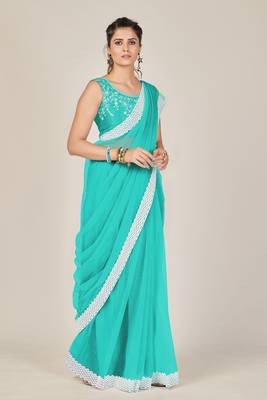 Sky blue plain net saree with blouse 3