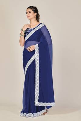 Navy blue plain net saree with blouse 2