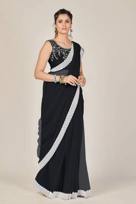 Black plain net saree with blouse 3
