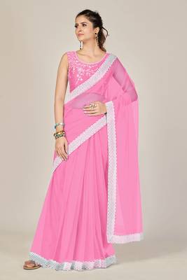 Light pink plain net saree with blouse 1