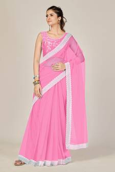 Light pink plain net saree with blouse