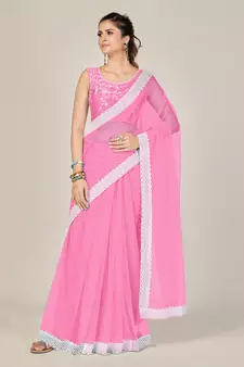 Light pink plain net saree with blouse