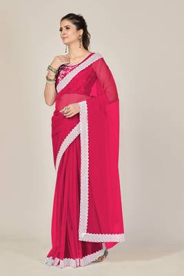 Pink plain net saree with blouse 2