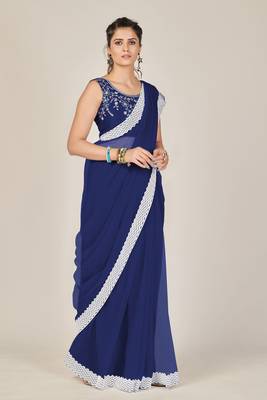 Navy blue plain net saree with blouse 3