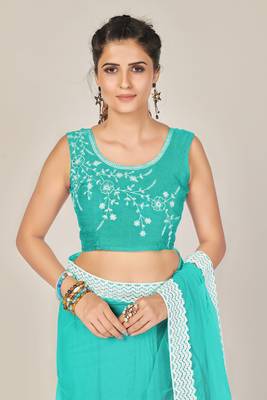 Sky blue plain net saree with blouse 4
