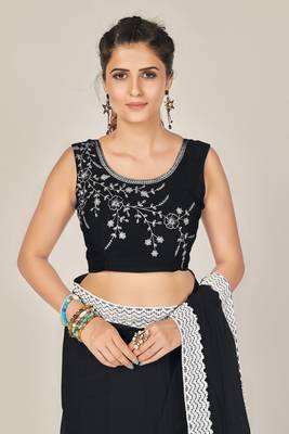 Black plain net saree with blouse 4