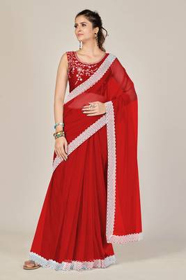 Red plain net saree with blouse 1