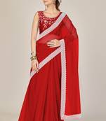 Red plain net saree with blouse