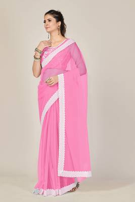 Light pink plain net saree with blouse 2