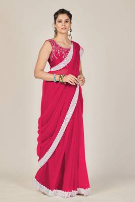Pink plain net saree with blouse 3