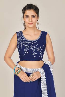 Navy blue plain net saree with blouse 4