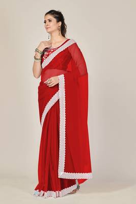 Red plain net saree with blouse 2