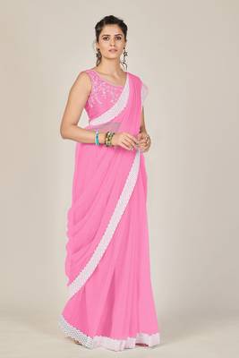 Light pink plain net saree with blouse 3