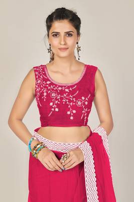 Pink plain net saree with blouse 4