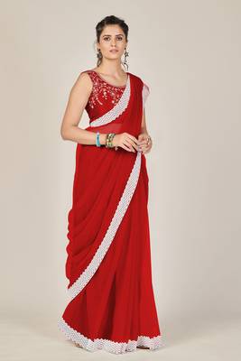 Red plain net saree with blouse 3