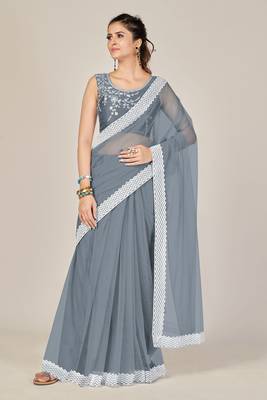 Grey plain net saree with blouse 1