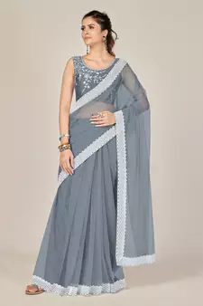 Grey plain net saree with blouse