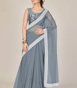 Grey plain net saree with blouse