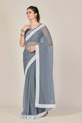Grey plain net saree with blouse 2