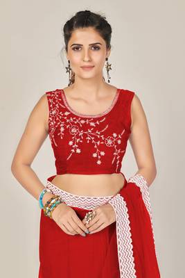 Red plain net saree with blouse 4