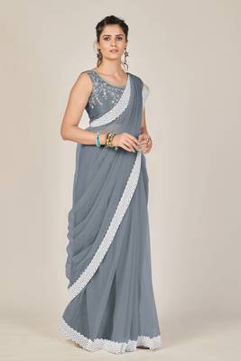 Grey plain net saree with blouse 3