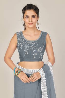 Grey plain net saree with blouse 4