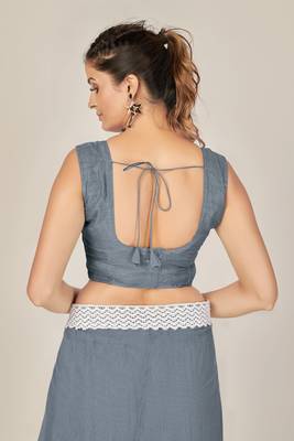 Grey plain net saree with blouse 5