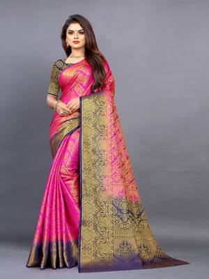Pink woven art silksaree with blouse 1