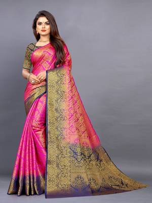 Pink woven art silksaree with blouse 2