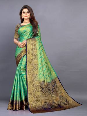 Sea green woven art silksaree with blouse 2