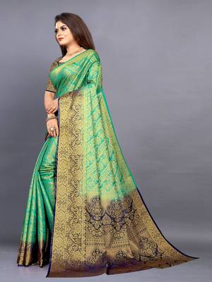Sea green woven art silksaree with blouse 3