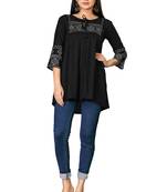 Women Black & Off White Geometric Tie-UP Neck A-Link Longline Top