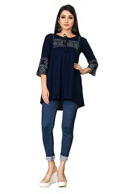 Women Blue & Off White Geometric Tie-UP Neck A-Link Longline Top 1